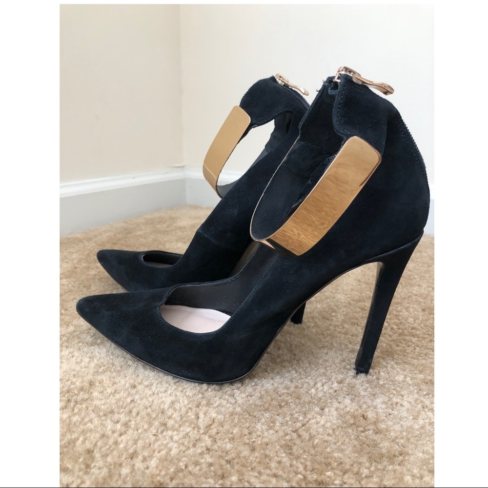 Zara Suede Point Toe Heels with Gold Ankle Cuff